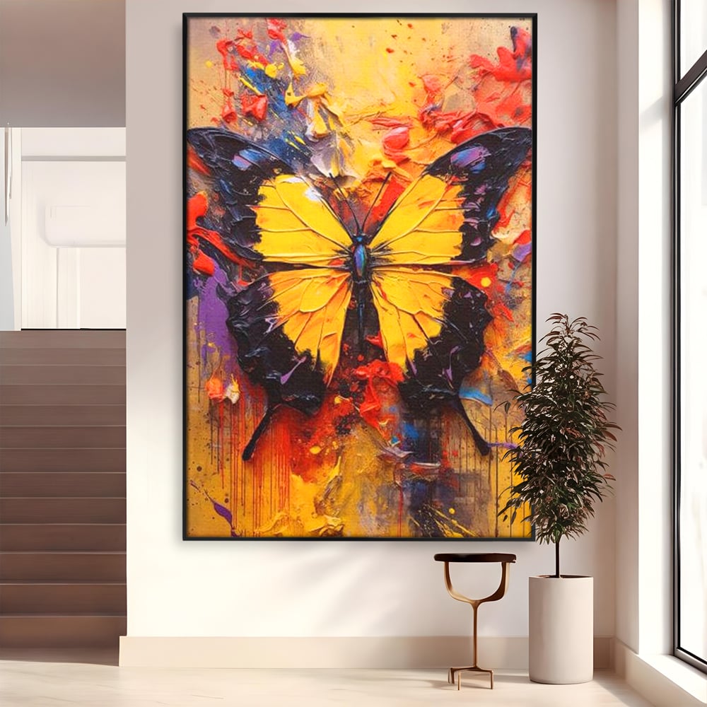 Tablou canvas cu pictura cu fluture galben, in rama de aluminiu negru